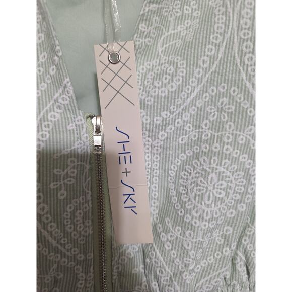 She + Sky Sage Green Paisley Midi Dress Front Zip Smocked Waist Sleeveless S - Picture 7 of 7